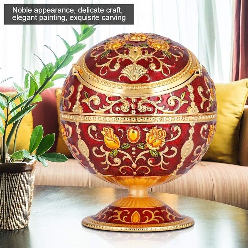 Vintage Windproof Metal Ashtray with Lid Portable Ball Design 3 9 Inch Diameter Red Rose - Image 2